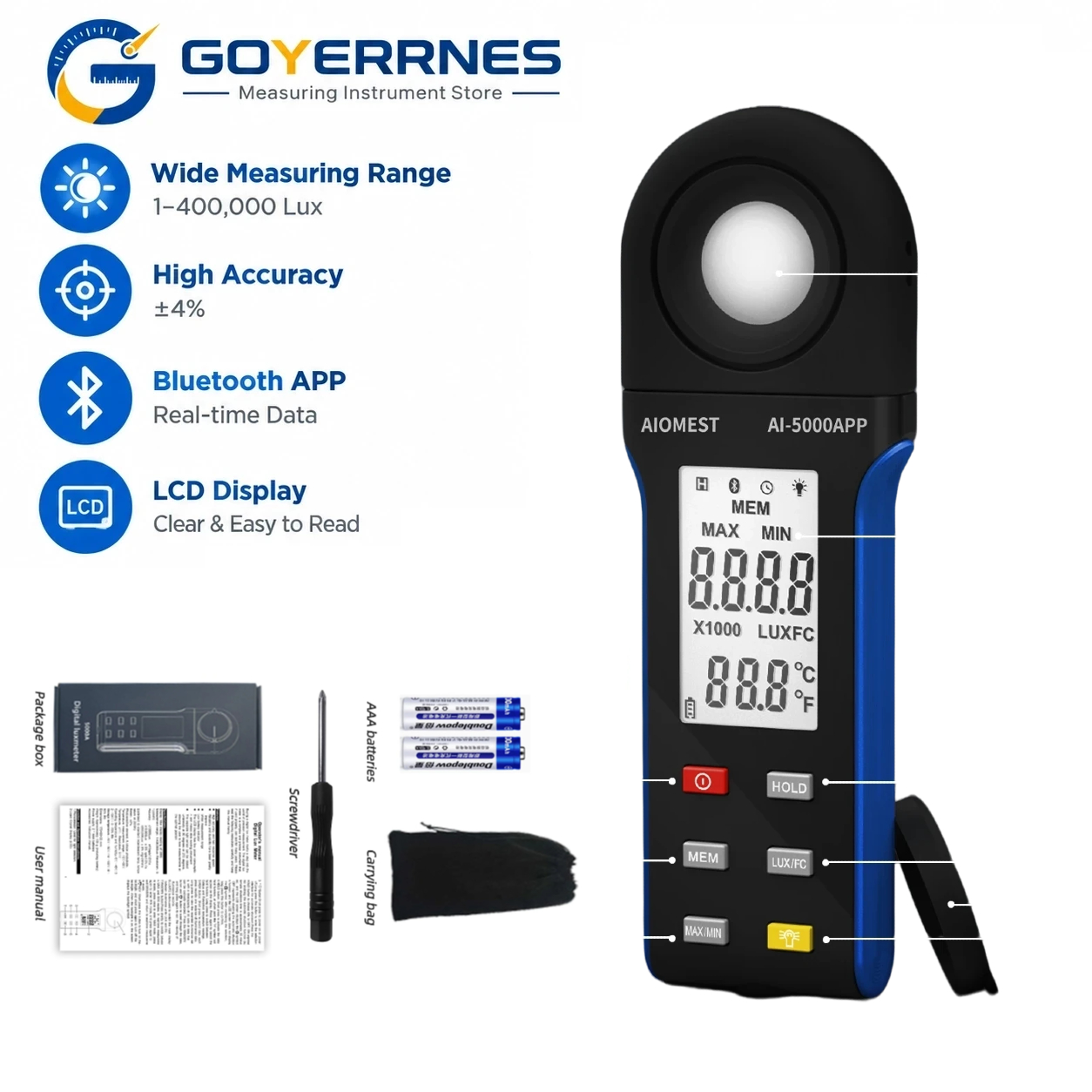 Photography Lighting Meter - Dijital Lüksmetre 1-400000Lux, Bluetooth Bağlantılı, İç